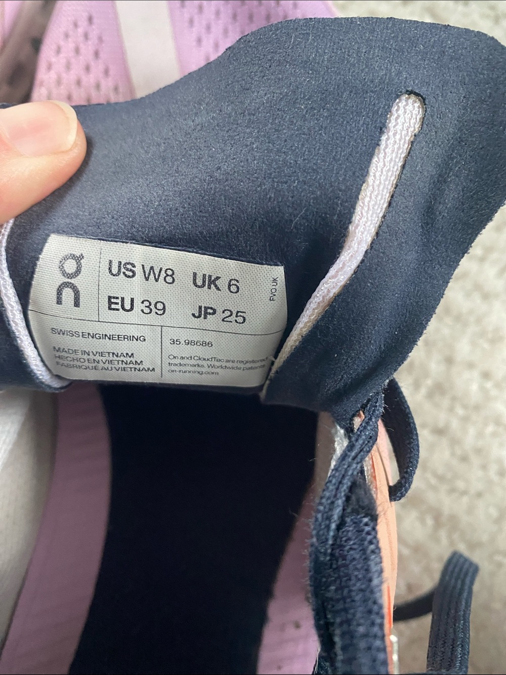 On Running Women’s Cloudflow Pink with Coral and Orange Sole and Navy Laces, W8 - Picture 8 of 10